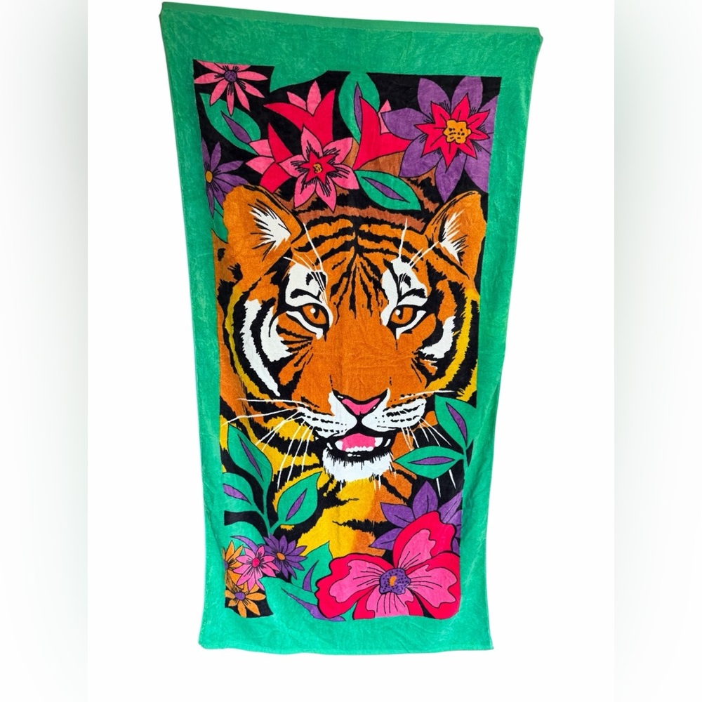 Vintage y2k Vibrant Tiger & Floral Beach Towel in Teal Orange Pink Vacation NWT